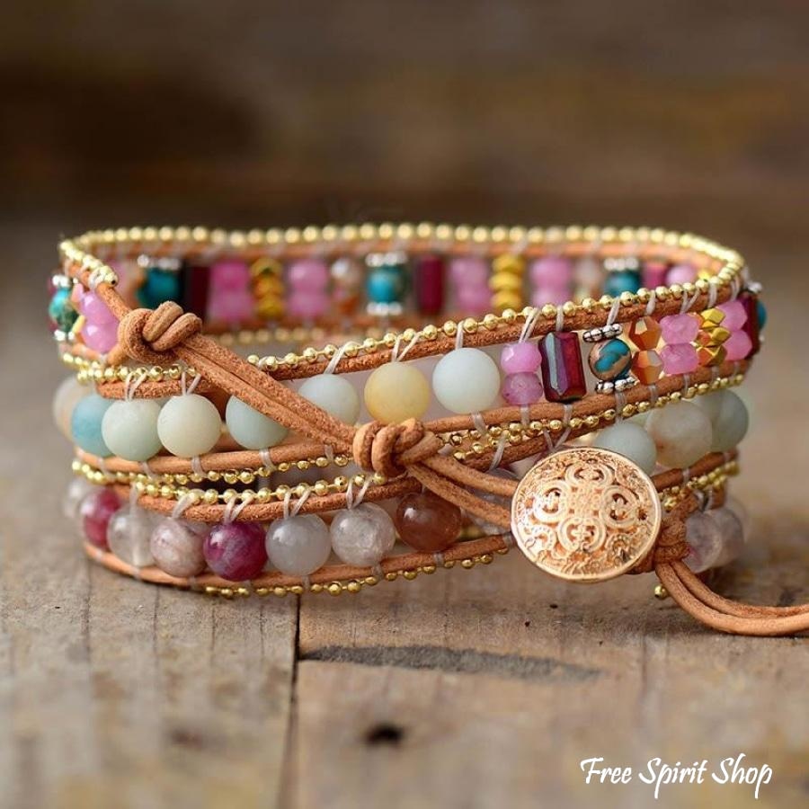Natural Rose Quartz Heart & Amazonite Beaded Wrap bracelet - Free Spirit Shop