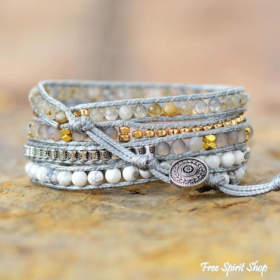Natural Rose Quartz Howlite & Rutilated Quartz Wrap Bracelet - Free Spirit Shop