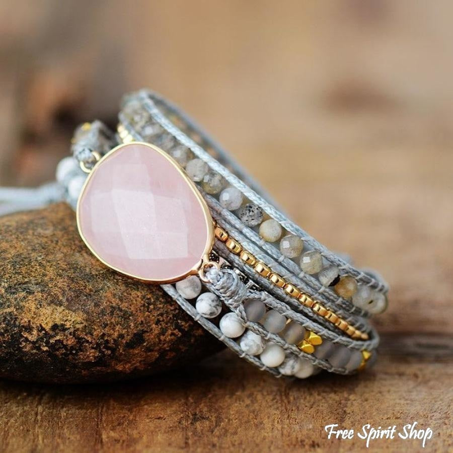 Natural Rose Quartz Howlite & Rutilated Quartz Wrap Bracelet - Free Spirit Shop