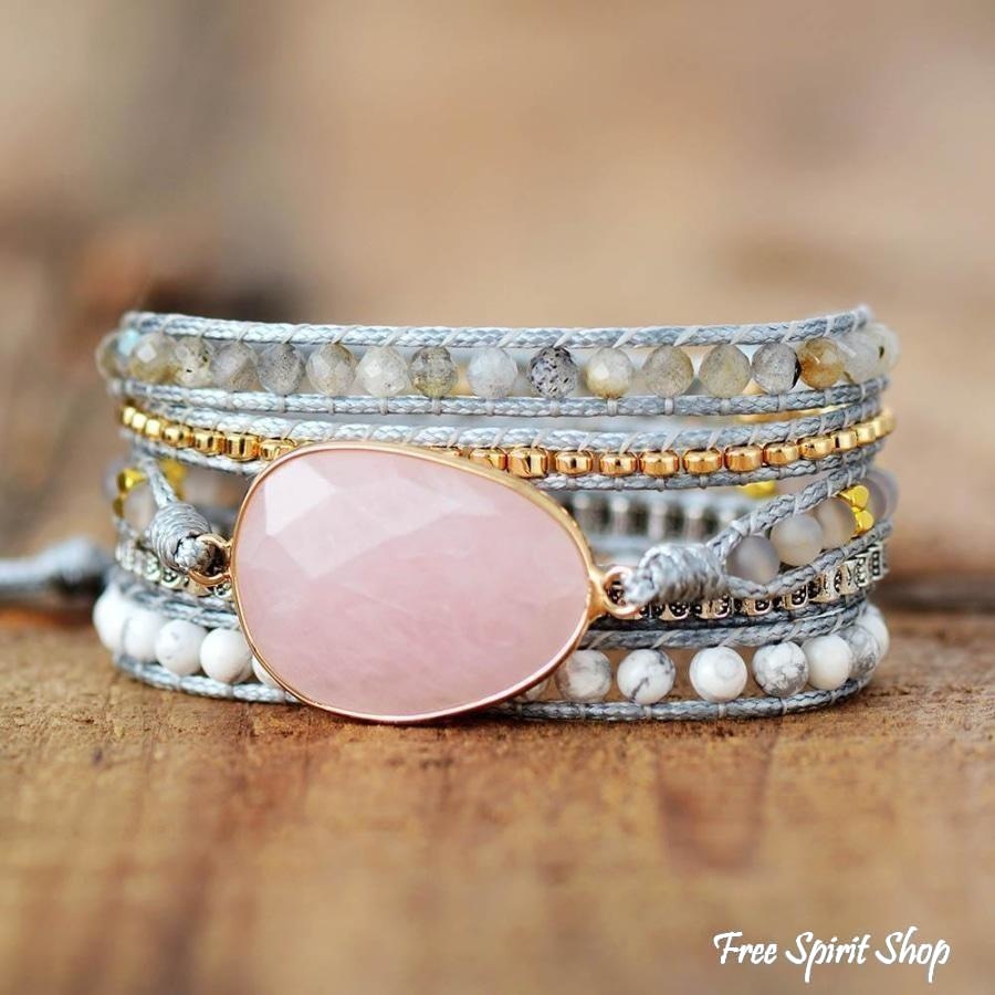 Natural Rose Quartz Howlite & Rutilated Quartz Wrap Bracelet - Free Spirit Shop