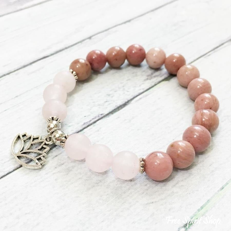 Natural Rose Quartz & Rhodonite Lotus Bead Bracelet - Free Spirit Shop