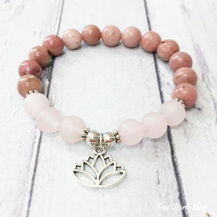 Natural Rose Quartz & Rhodonite Lotus Bead Bracelet - Free Spirit Shop