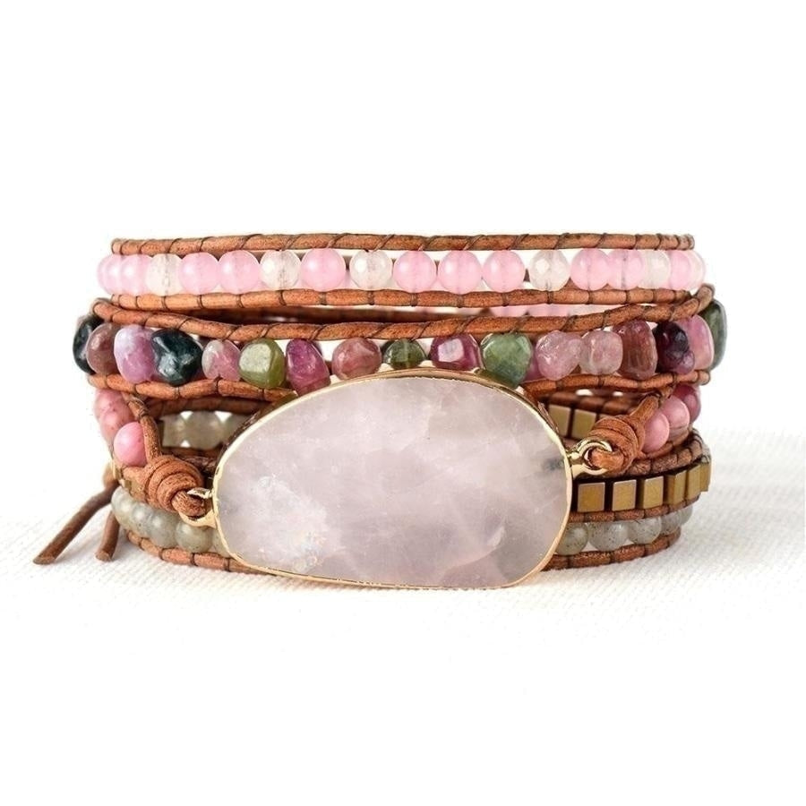 Natural Rose Quartz Tourmaline Beaded Wrap Bracelet