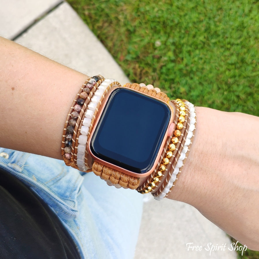 Natural Selenite & Sunstone Beaded Apple Watch Band - Free Spirit Shop