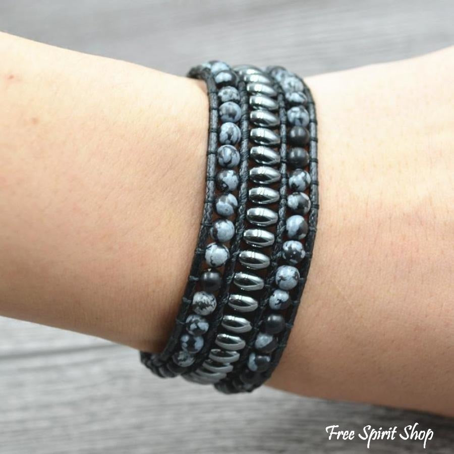 Natural Snowflake Obsidian & Hematite Gemstone Wrap Bracelet - Free Spirit Shop