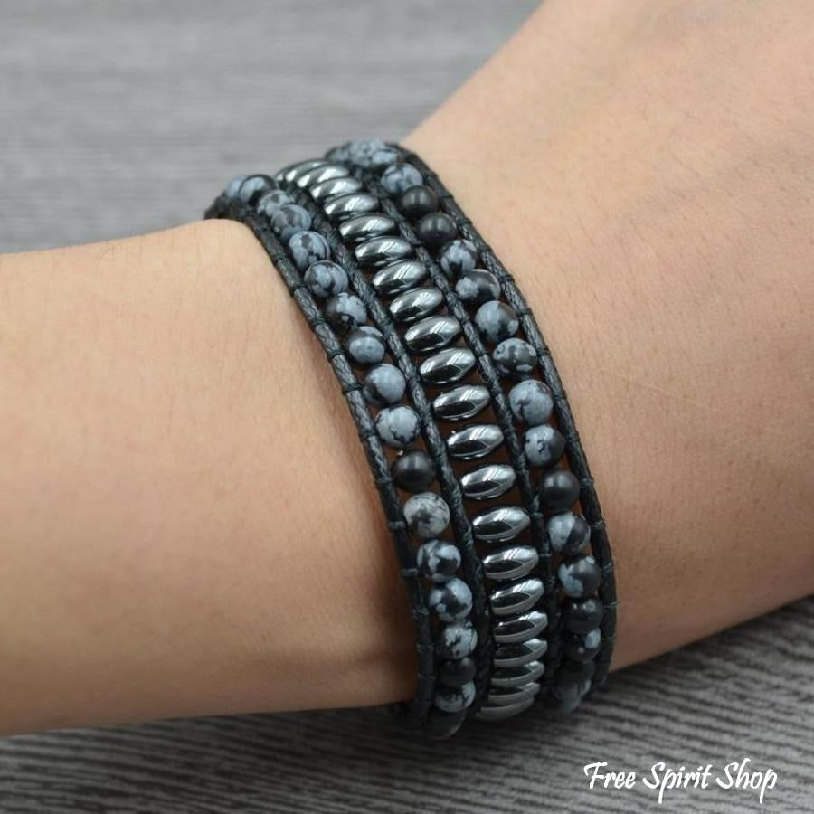 Natural Snowflake Obsidian & Hematite Gemstone Wrap Bracelet - Free Spirit Shop