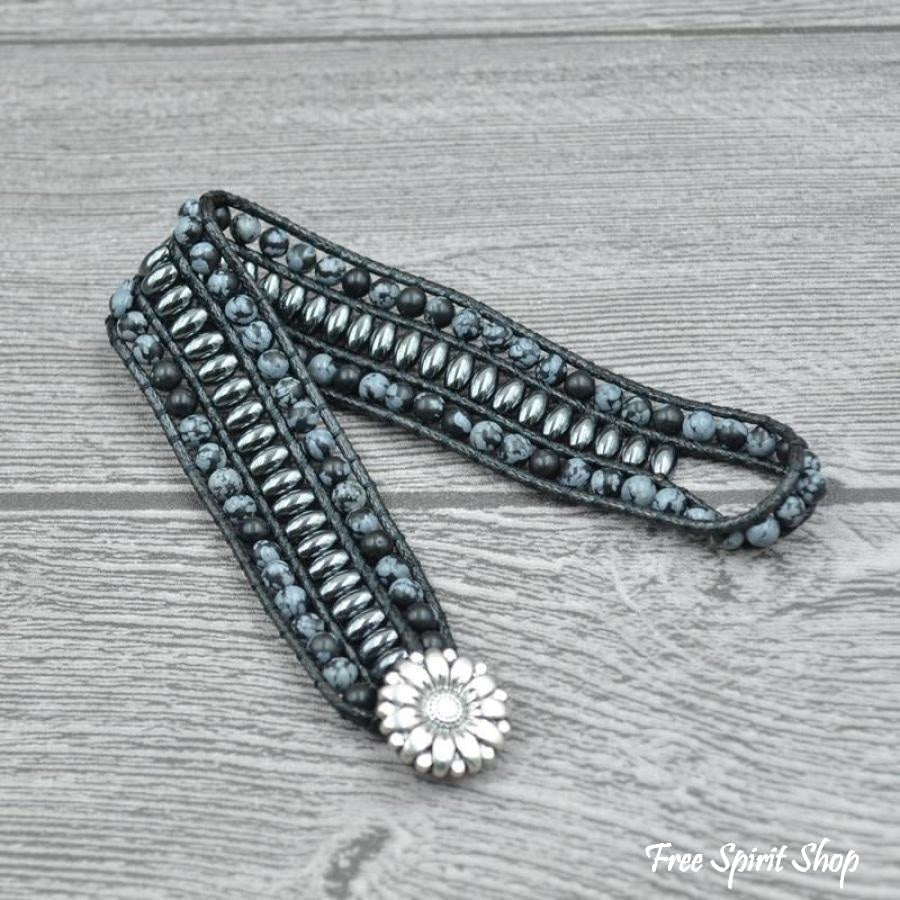 Natural Snowflake Obsidian & Hematite Gemstone Wrap Bracelet - Free Spirit Shop