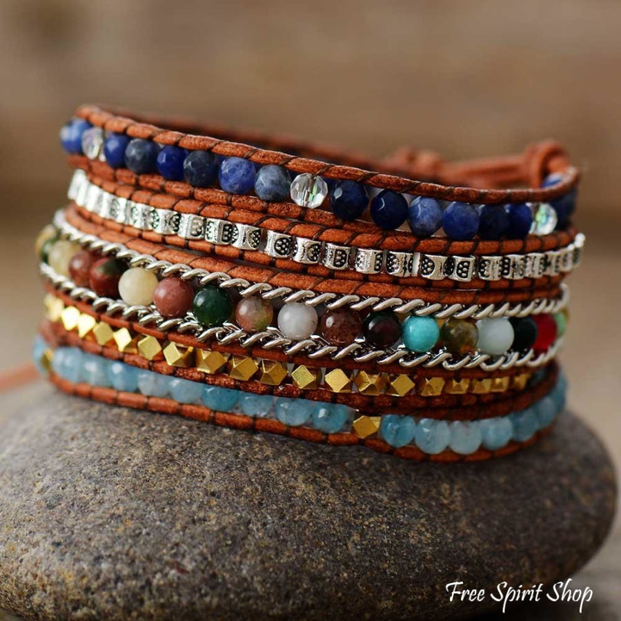 Handmade Natural Gemstone Mix Leather Wrap Bracelet