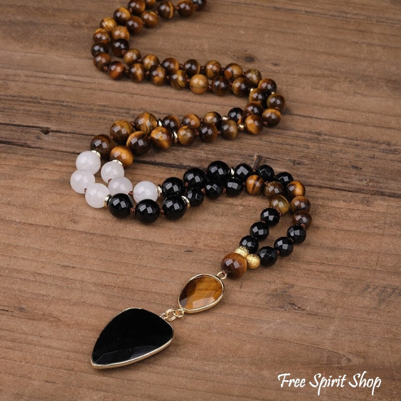 Natural Tiger Eye & Black Onyx Gemstone Bead Necklace - Free Spirit Shop