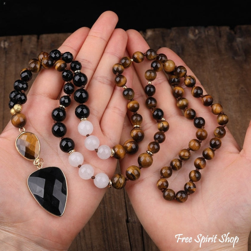 Natural Tiger Eye & Black Onyx Gemstone Bead Necklace - Free Spirit Shop