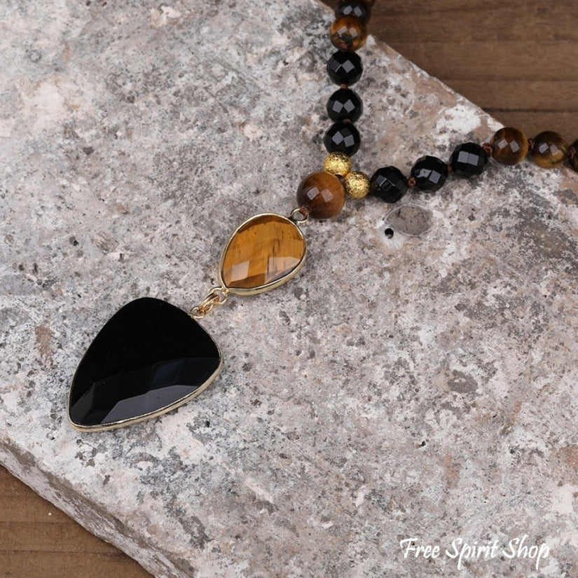 Natural Tiger Eye & Black Onyx Gemstone Bead Necklace - Free Spirit Shop