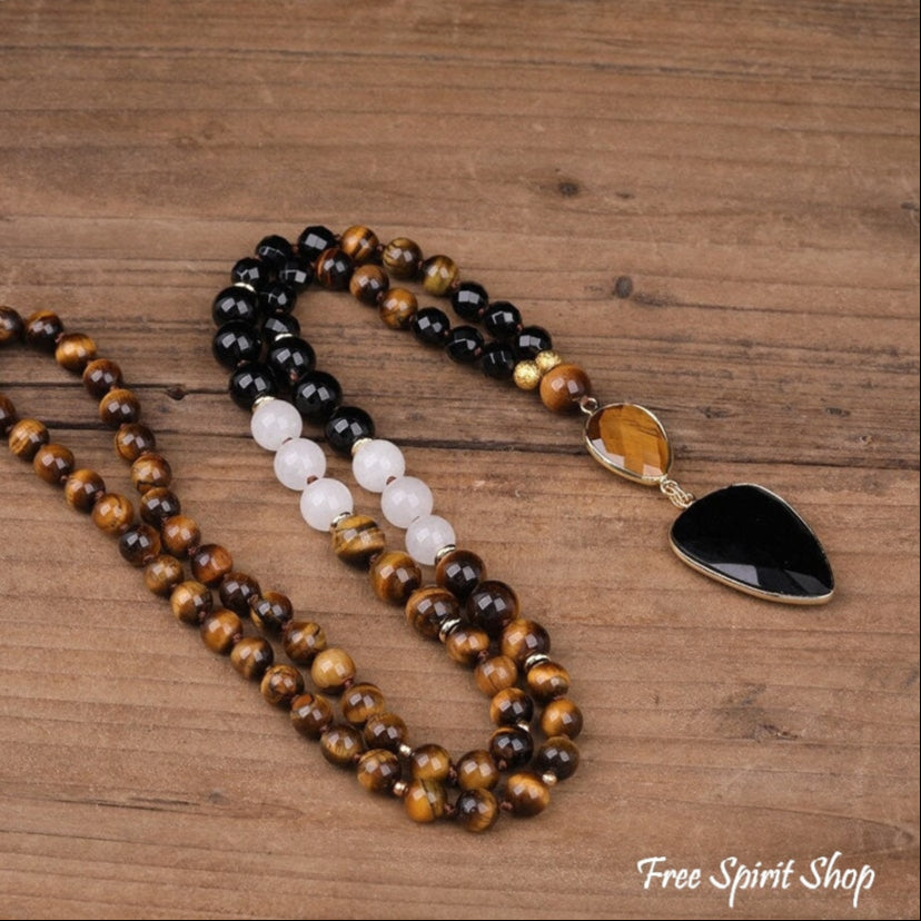 Natural Tiger Eye & Black Onyx Gemstone Bead Necklace - Free Spirit Shop