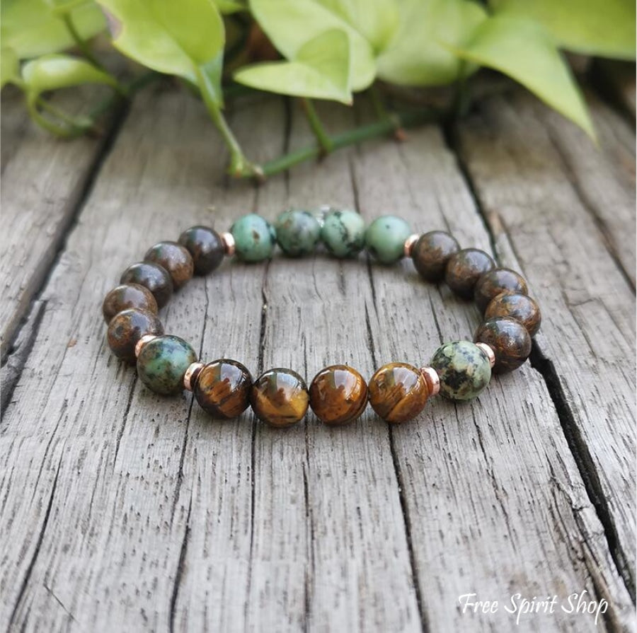 Natural Tiger Eye Bronzite & African Turquoise Bead Bracelet - Free Spirit Shop