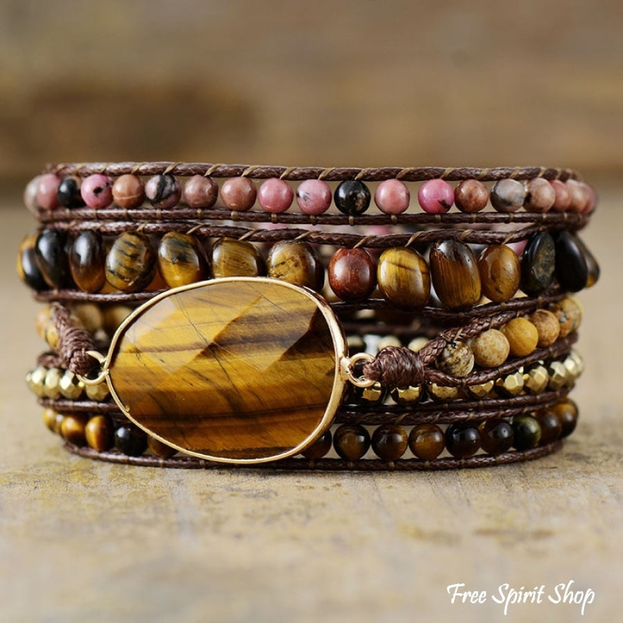 Natural Tiger Eye & Rhodonite Wrap Bracelet - Free Spirit Shop