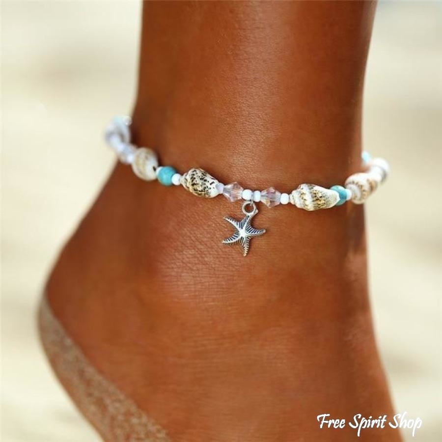 Seashell & Starfish Charm Beaded Anklet Jewelry >
