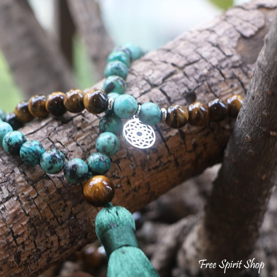 108 African Turquoise Bronzite & Tiger Eye Mala Bead Necklace - Free Spirit Shop