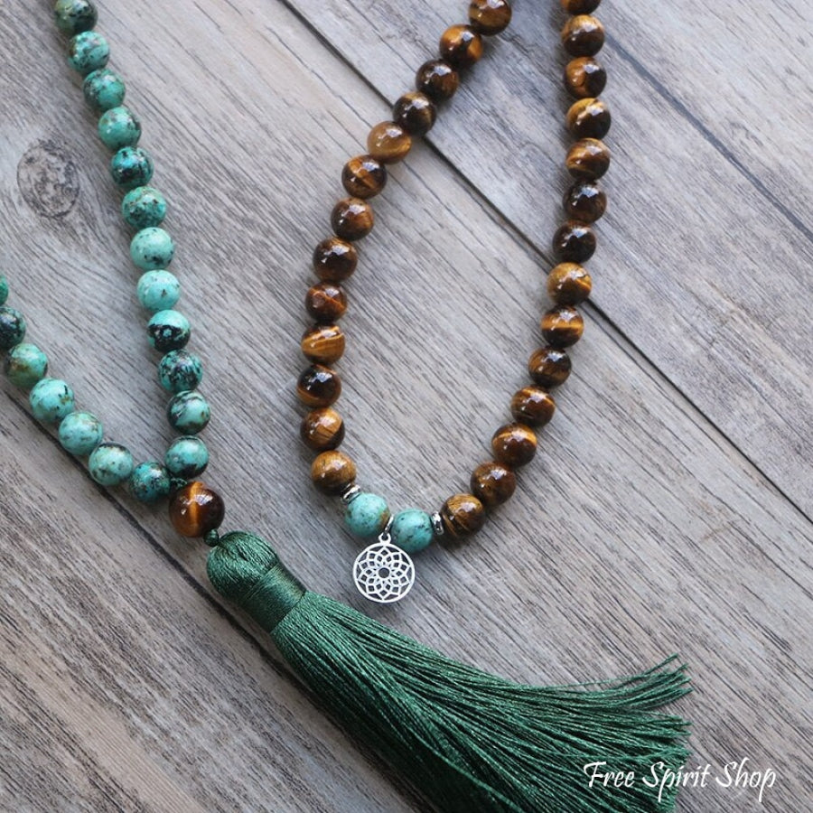 108 African Turquoise Bronzite & Tiger Eye Mala Bead Necklace - Free Spirit Shop