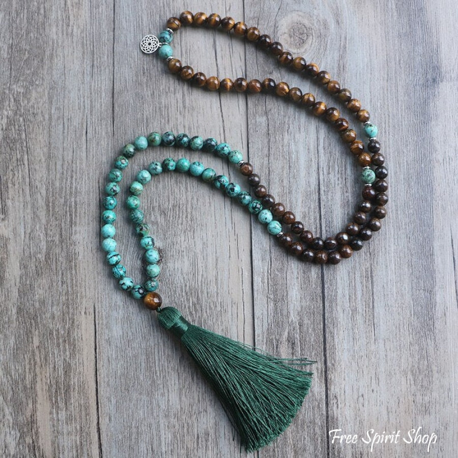 108 African Turquoise Bronzite & Tiger Eye Mala Bead Necklace - Free Spirit Shop