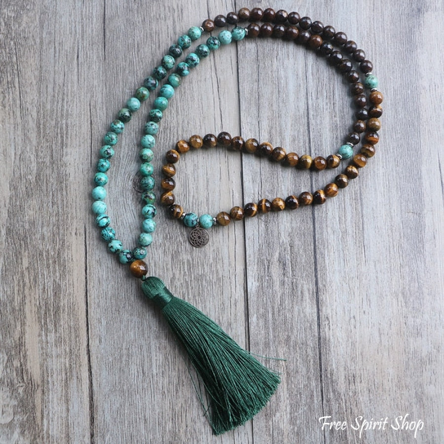 108 African Turquoise Bronzite & Tiger Eye Mala Bead Necklace - Free Spirit Shop