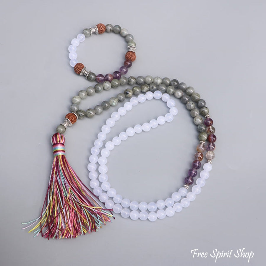 108 Labradorite White Jade & Rudraksha Mala Bead Necklace - Free Spirit Shop