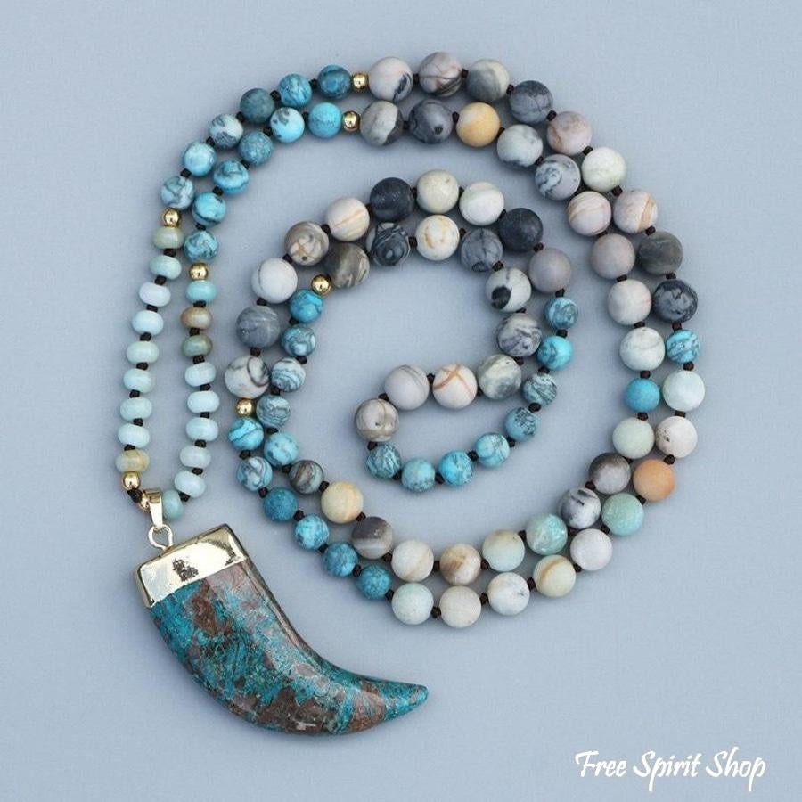 108 Natural Amazonite, Ocean Stone & Picasso Jasper Mala Necklace - Free Spirit Shop