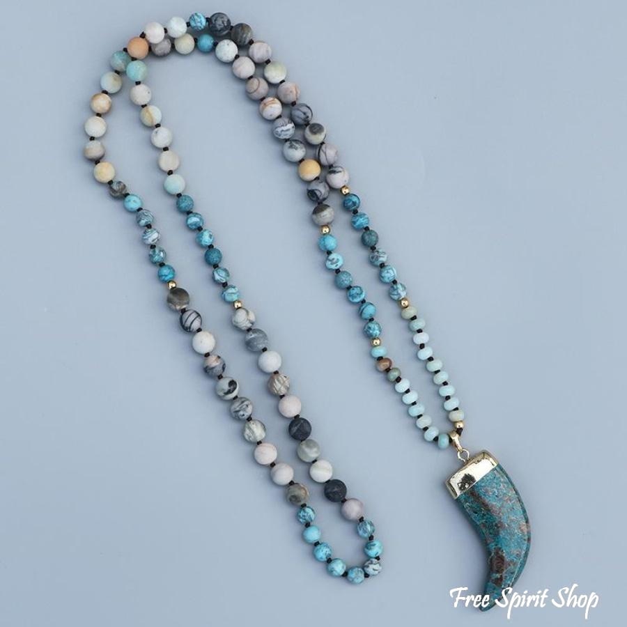 108 Natural Amazonite, Ocean Stone & Picasso Jasper Mala Necklace - Free Spirit Shop