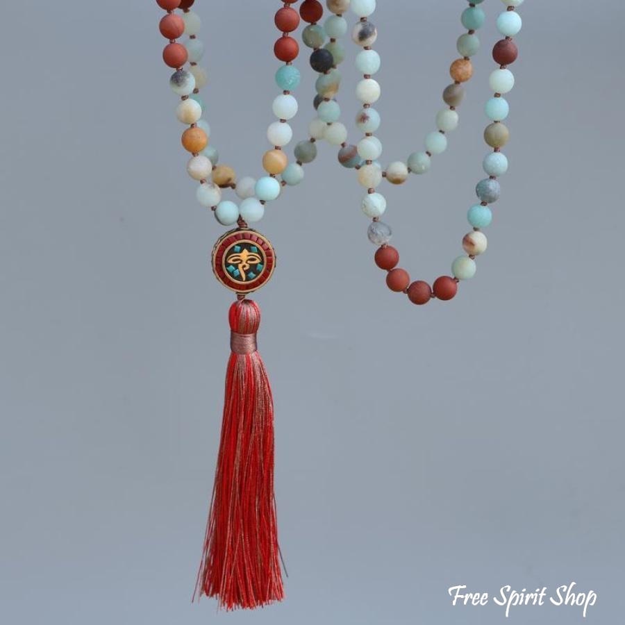 108 Natural Amazonite & Red Stone Bead Mala Prayer - Free Spirit Shop