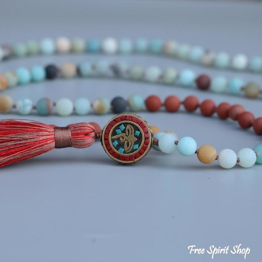 108 Natural Amazonite & Red Stone Bead Mala Prayer - Free Spirit Shop