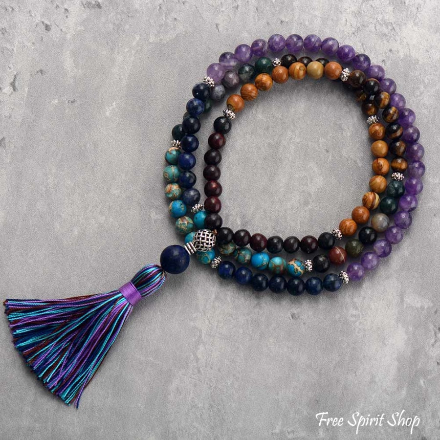 108 Natural Amethyst Agate & Jasper Mala Bead Necklace