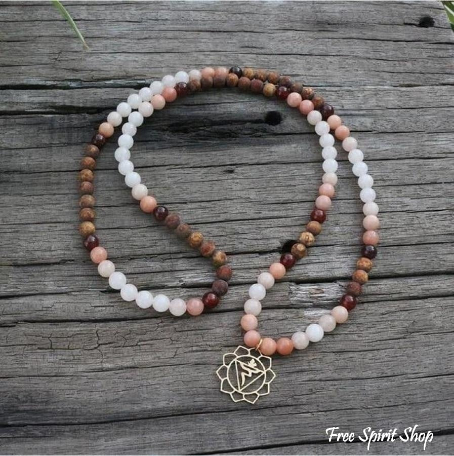 108 Natural Aventurine Carnelian and Brown Onyx Mala Beads Necklace / Bracelet - Free Spirit Shop