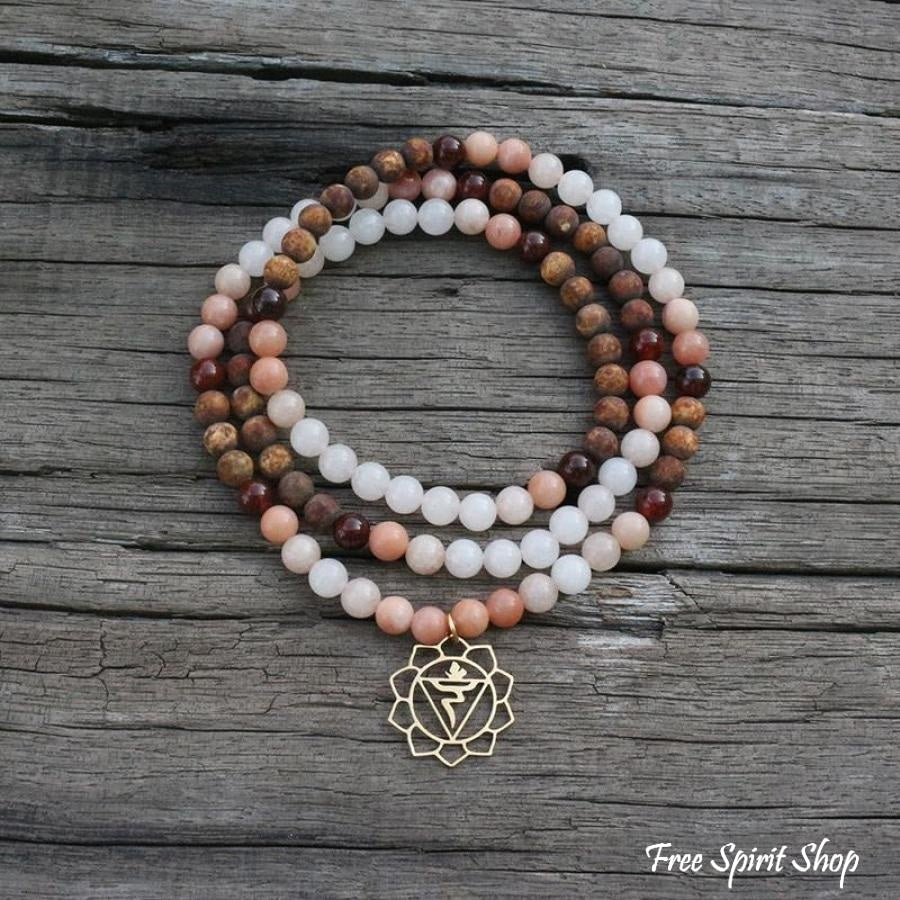 108 Natural Aventurine Carnelian and Brown Onyx Mala Beads Necklace / Bracelet - Free Spirit Shop