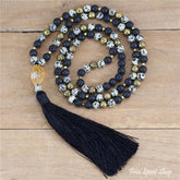 108 Natural Black Lava Dalmatian Jasper & Citrine Mala Bead Necklace - Free Spirit Shop