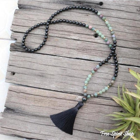 108 Natural Black Onyx, Indian Agate & Green Aventurine Mala Bead Necklace / Bracelet - Free Spirit Shop