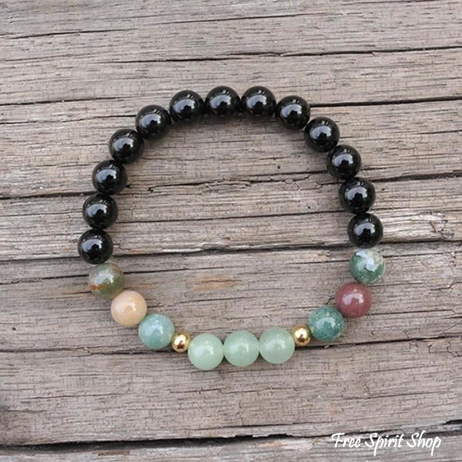 108 Natural Black Onyx, Indian Agate & Green Aventurine Mala Bead Necklace / Bracelet - Free Spirit Shop