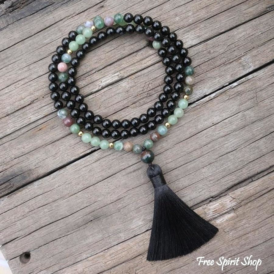 108 Natural Black Onyx, Indian Agate & Green Aventurine Mala Bead Necklace / Bracelet - Free Spirit Shop