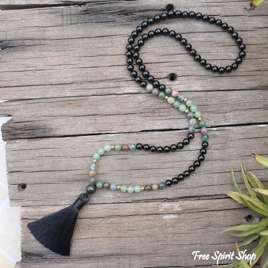 108 Natural Black Onyx, Indian Agate & Green Aventurine Mala Bead Necklace / Bracelet - Free Spirit Shop