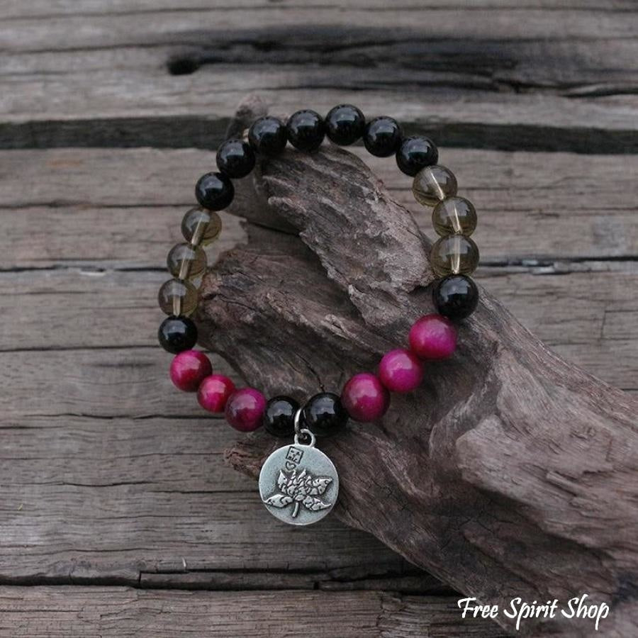 108 Natural Black Onyx Smoky Quartz & Rose Tiger Eye Mala Bead Necklace / Bracelet - Free Spirit Shop