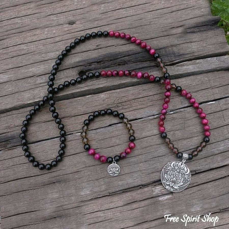 108 Natural Black Onyx Smoky Quartz & Rose Tiger Eye Mala Bead Necklace / Bracelet - Free Spirit Shop