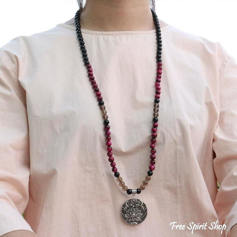 108 Natural Black Onyx Smoky Quartz & Rose Tiger Eye Mala Bead Necklace / Bracelet - Free Spirit Shop
