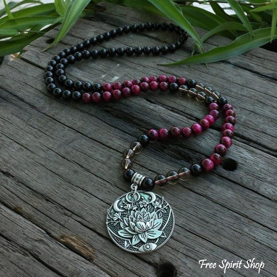 108 Natural Black Onyx Smoky Quartz & Rose Tiger Eye Mala Bead Necklace / Bracelet - Free Spirit Shop