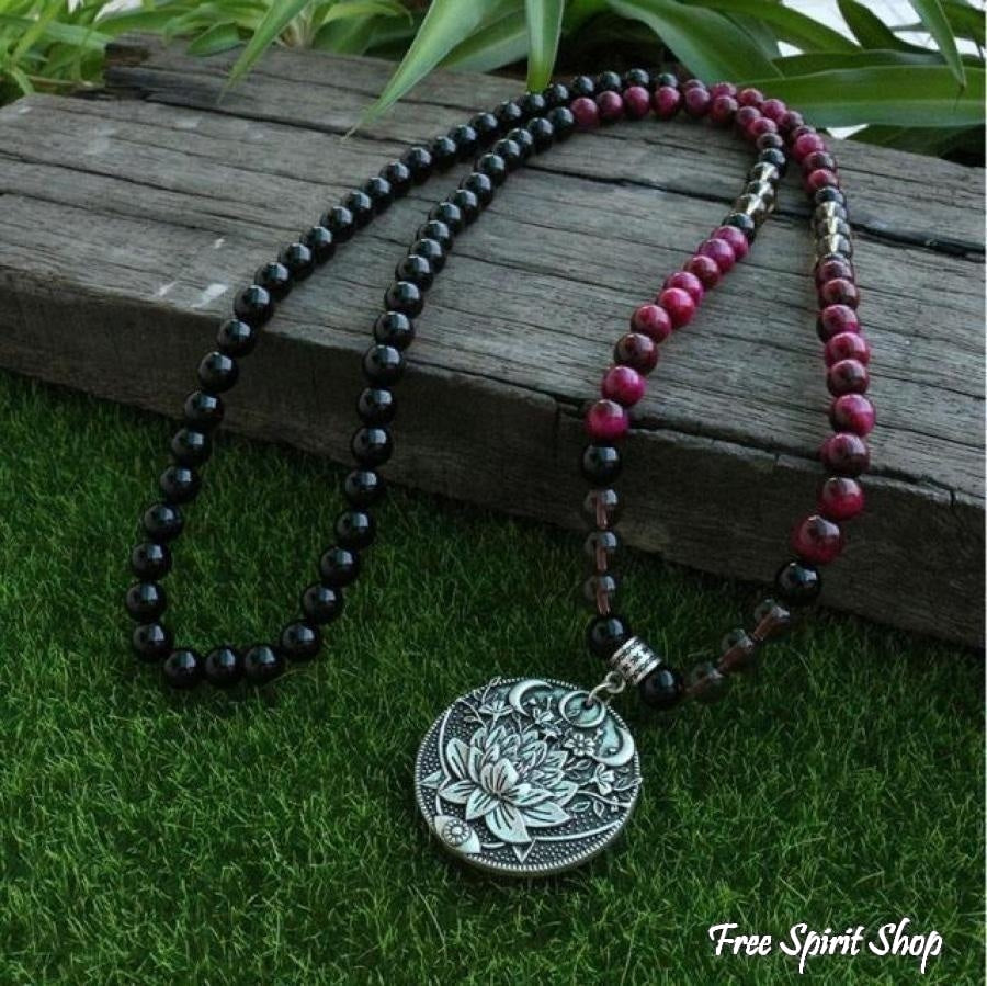 108 Natural Black Onyx Smoky Quartz & Rose Tiger Eye Mala Bead Necklace / Bracelet - Free Spirit Shop