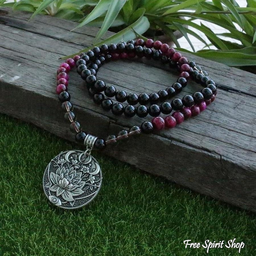 108 Natural Black Onyx Smoky Quartz & Rose Tiger Eye Mala Bead Necklace / Bracelet - Free Spirit Shop