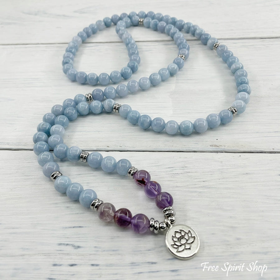 108 Natural Blue Calcite & Amethyst Mala Bead Bracelet - Free Spirit Shop