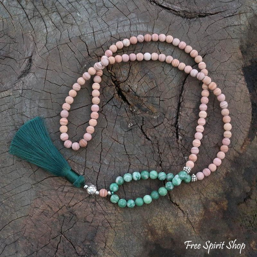 108 Natural Green Jadeite & Sand Stone Mala Bead Necklace / Bracelet - Free Spirit Shop