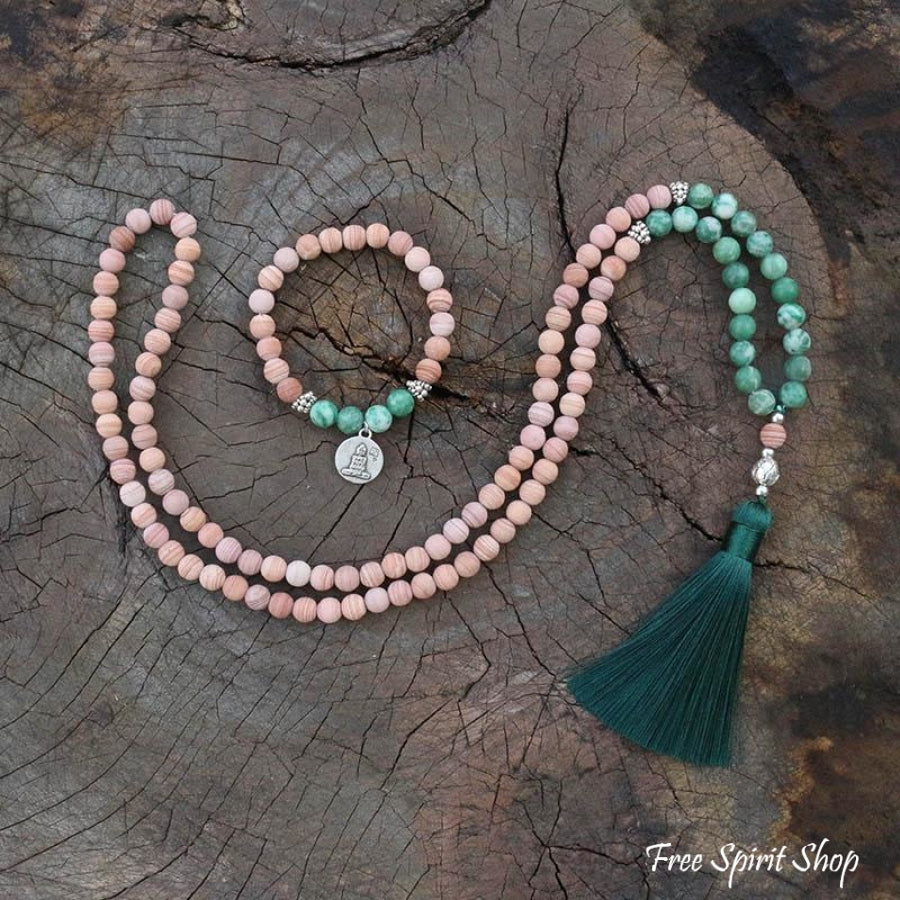 108 Natural Green Jadeite & Sand Stone Mala Bead Necklace / Bracelet - Free Spirit Shop