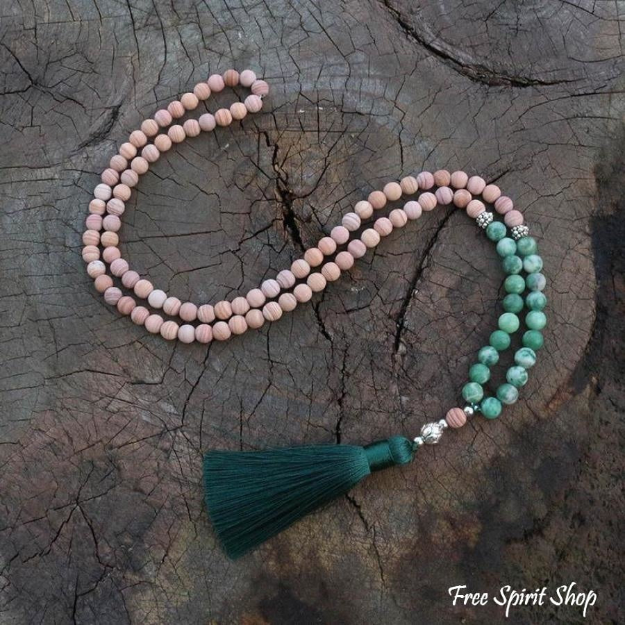 108 Natural Green Jadeite & Sand Stone Mala Bead Necklace / Bracelet - Free Spirit Shop