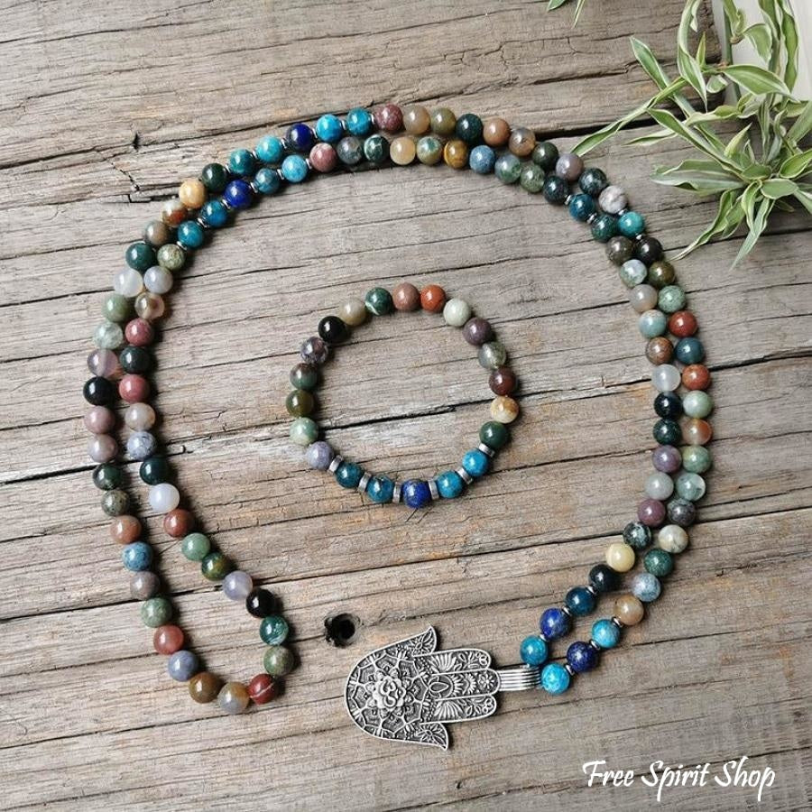108 Natural Indian Onyx & Blue Apatite Mala Bead Necklace / Bracelet - Free Spirit Shop