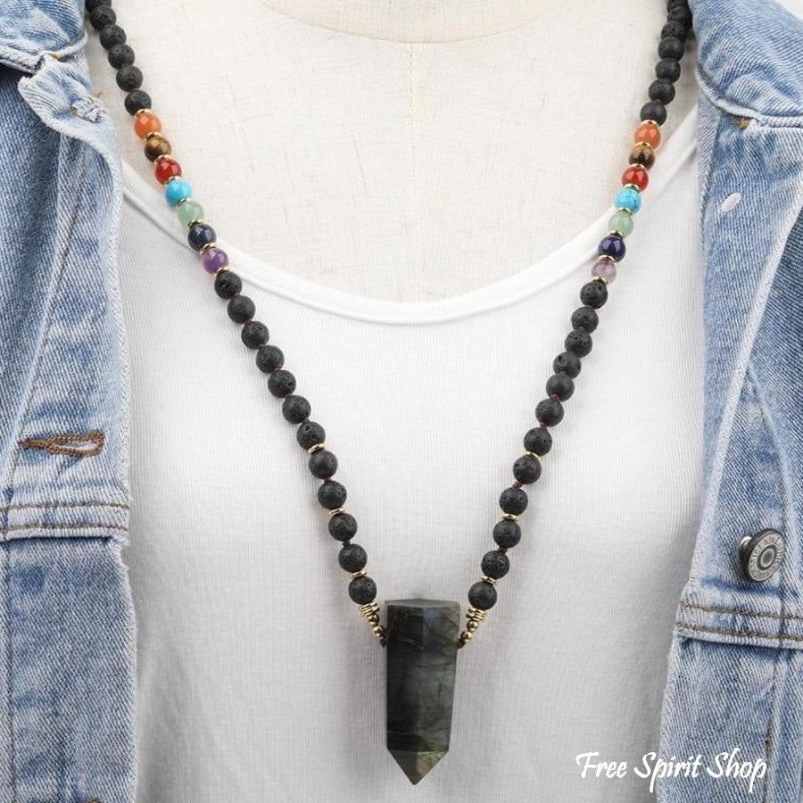 108 Natural Labradorite, Black Lava & 7 Chakra Stone Mala Bead Necklace - Free Spirit Shop