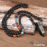 108 Natural Labradorite, Black Lava & 7 Chakra Stone Mala Bead Necklace - Free Spirit Shop