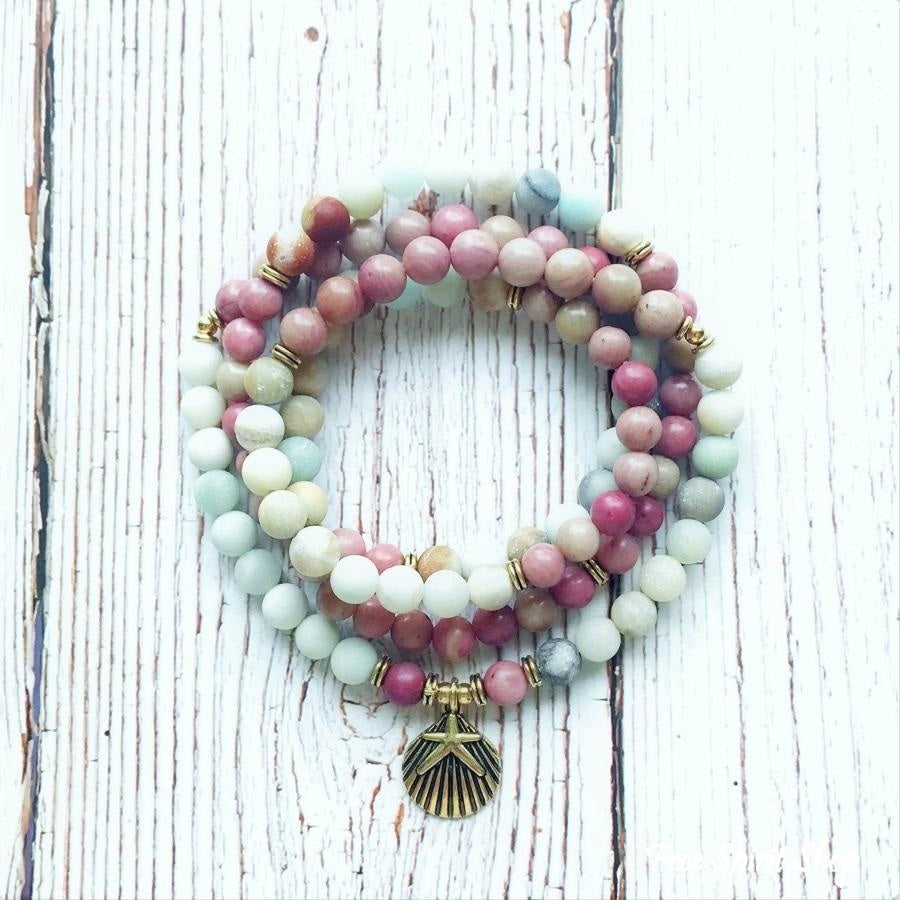 108 Natural Matte Amazonite Stone & Rhodonite Gemstone Mala Prayer Beads - Free Spirit Shop